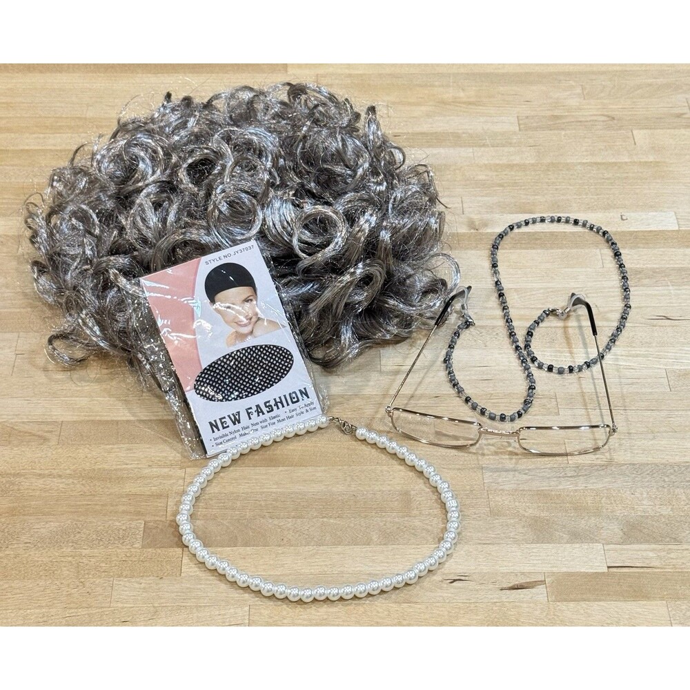 Granny Wig Old Lady Costume 5 Piece Set Accessories Pearls Hairnet Glasses